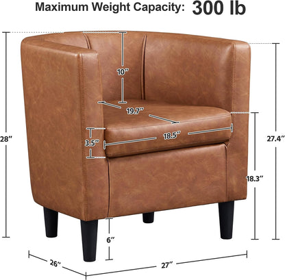 Accent Chair, PU Leather, Modern and Comfortable Armchairs, Upholstered Barrel Sofa Chair for Living Room Bedroom Waiting Room, Brown