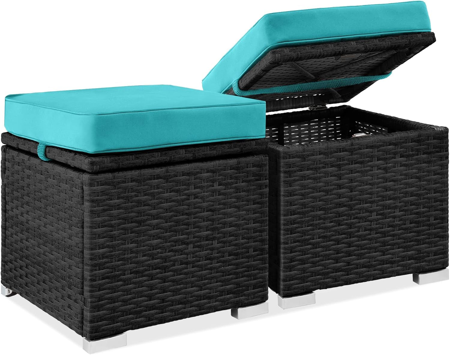 Set of 2 Wicker Ottomans, Multipurpose Outdoor Furniture for Patio, Backyard, Additional Seating, Footrest, Side Table W/Storage, Removable Cushions - Gray/Navy