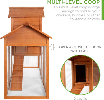 80In Outdoor Wooden Chicken Coop Multi-Level Hen House, Poultry Cage W/Ramps, Run, Nesting Box, Wire Fence, 3 Access Areas