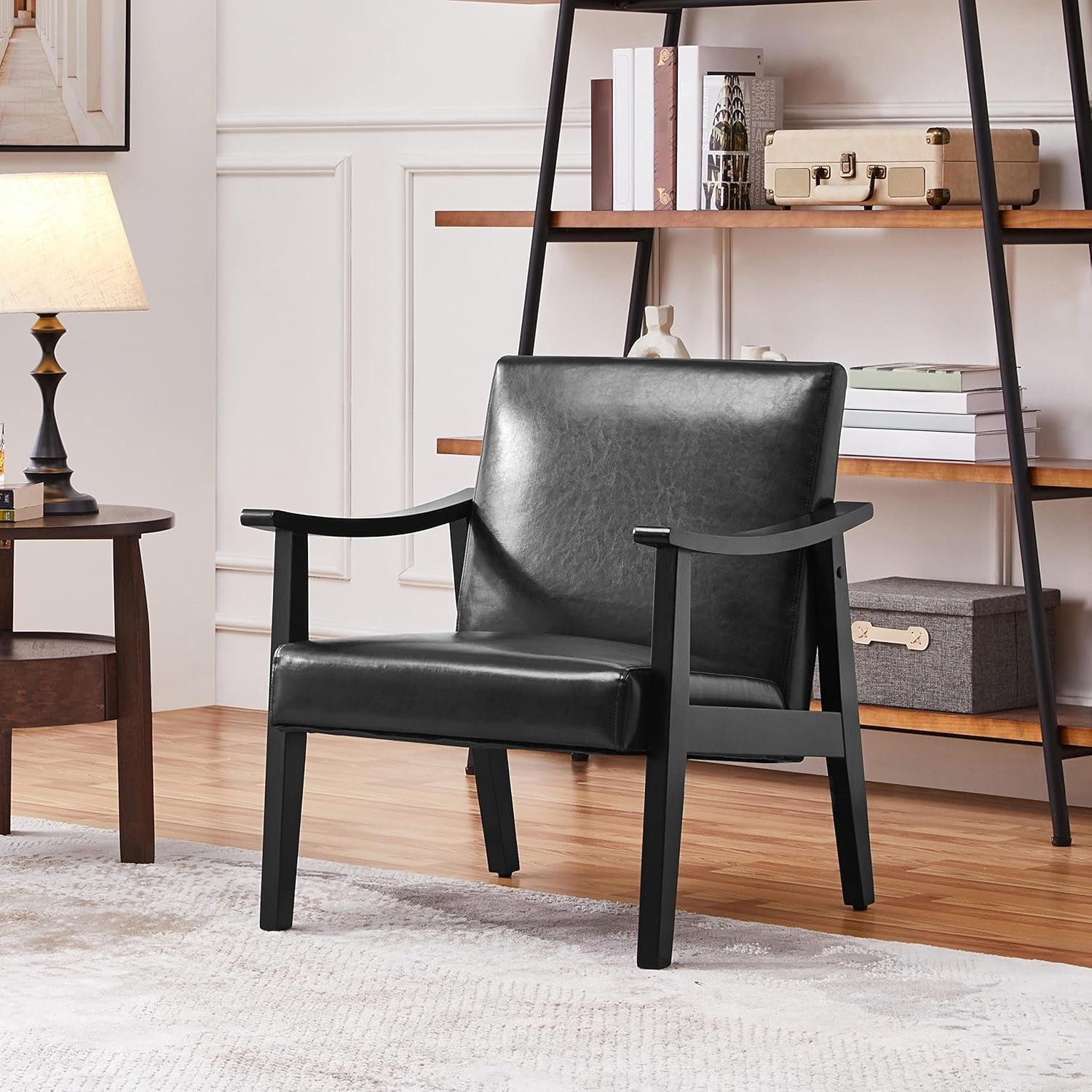 PU Leather Accent Chair, Mid-Century Modern Armchair with Solid Wood Legs, Reading Leisure Chair with High Back for Living Room Bedroom Waiting Room, Black