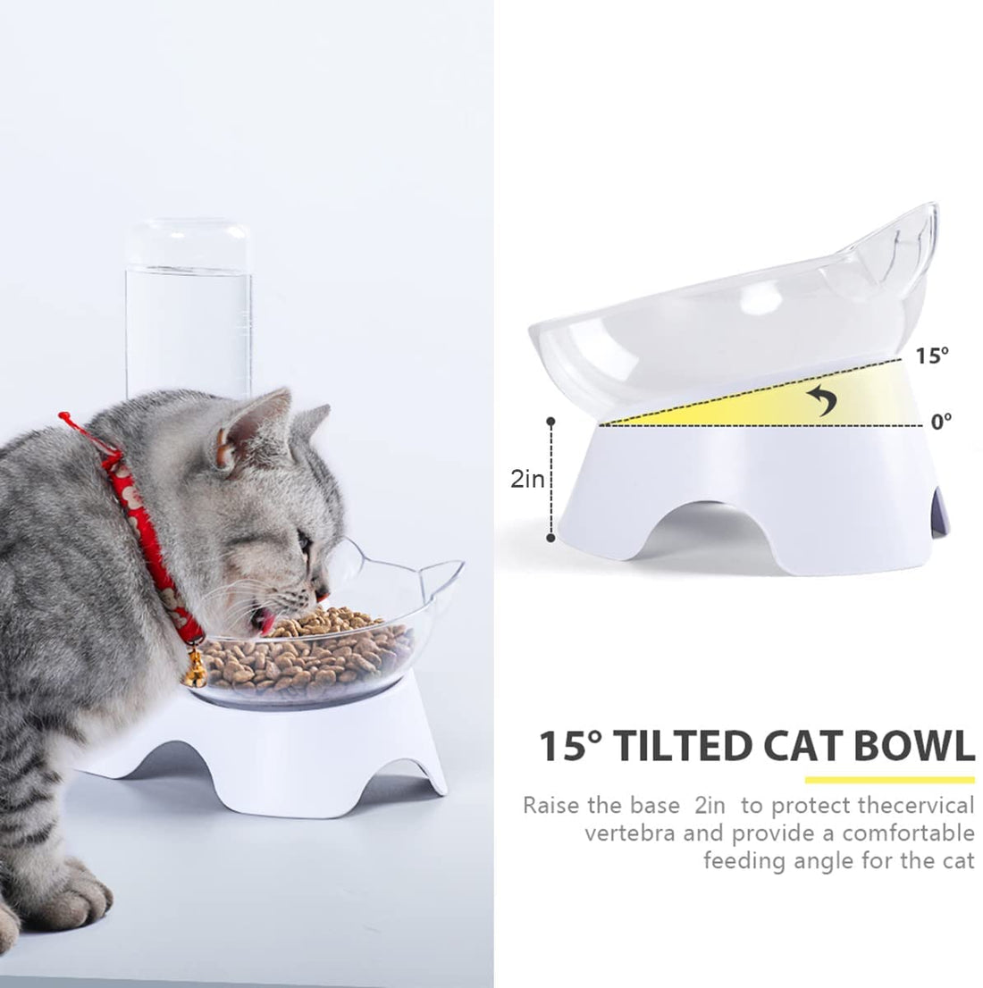 Double Dog Cat Bowls - Pets Water and Food Bowl Set, 15°Tilted Water and Food Bowl Set with Automatic Waterer Bottle for Small or Medium Size Dogs Cats