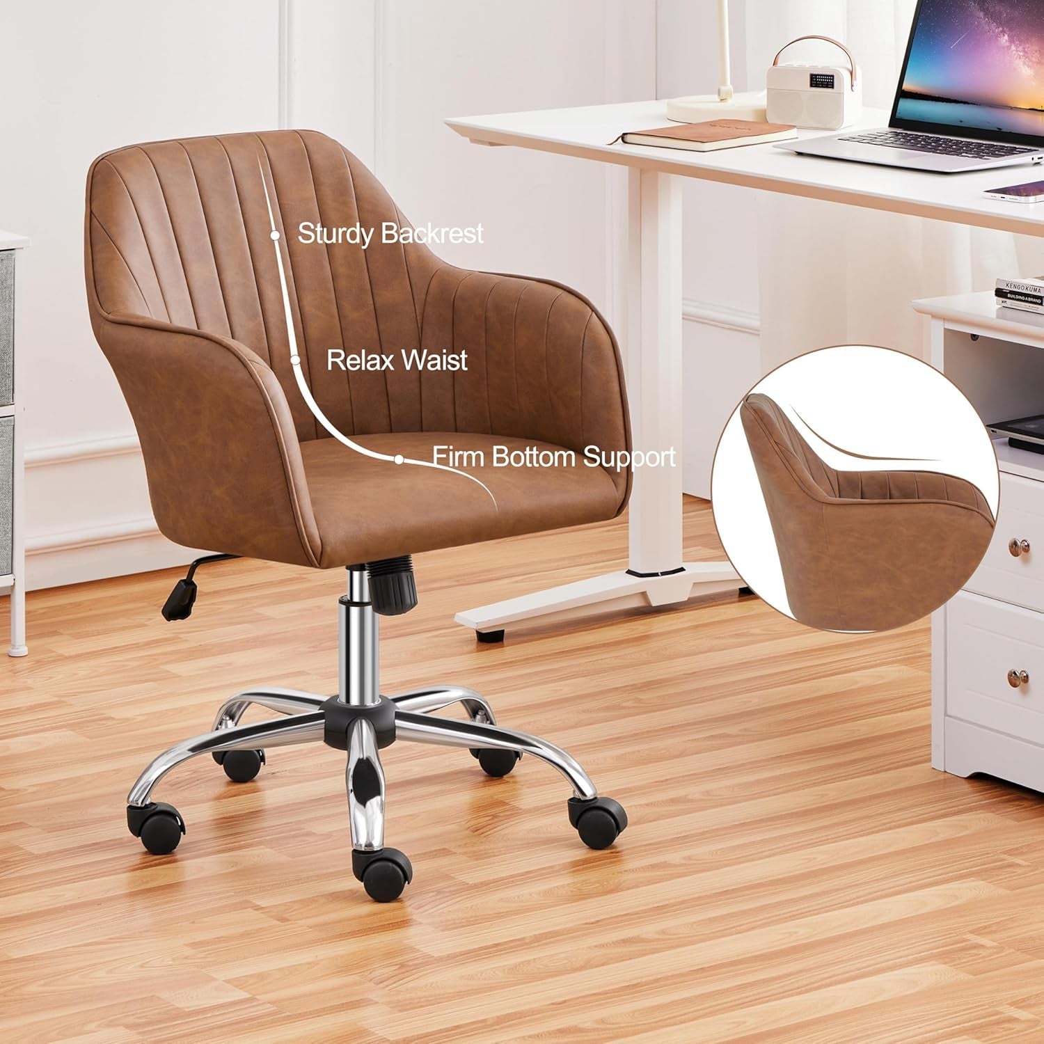 Modern Faux Leather Desk Chair Height Adjustable Task Chair Swivel Office Chair Makeup Chair Computer Chair Mid Back Chair Living Room Chairs with Arms Retro Brown