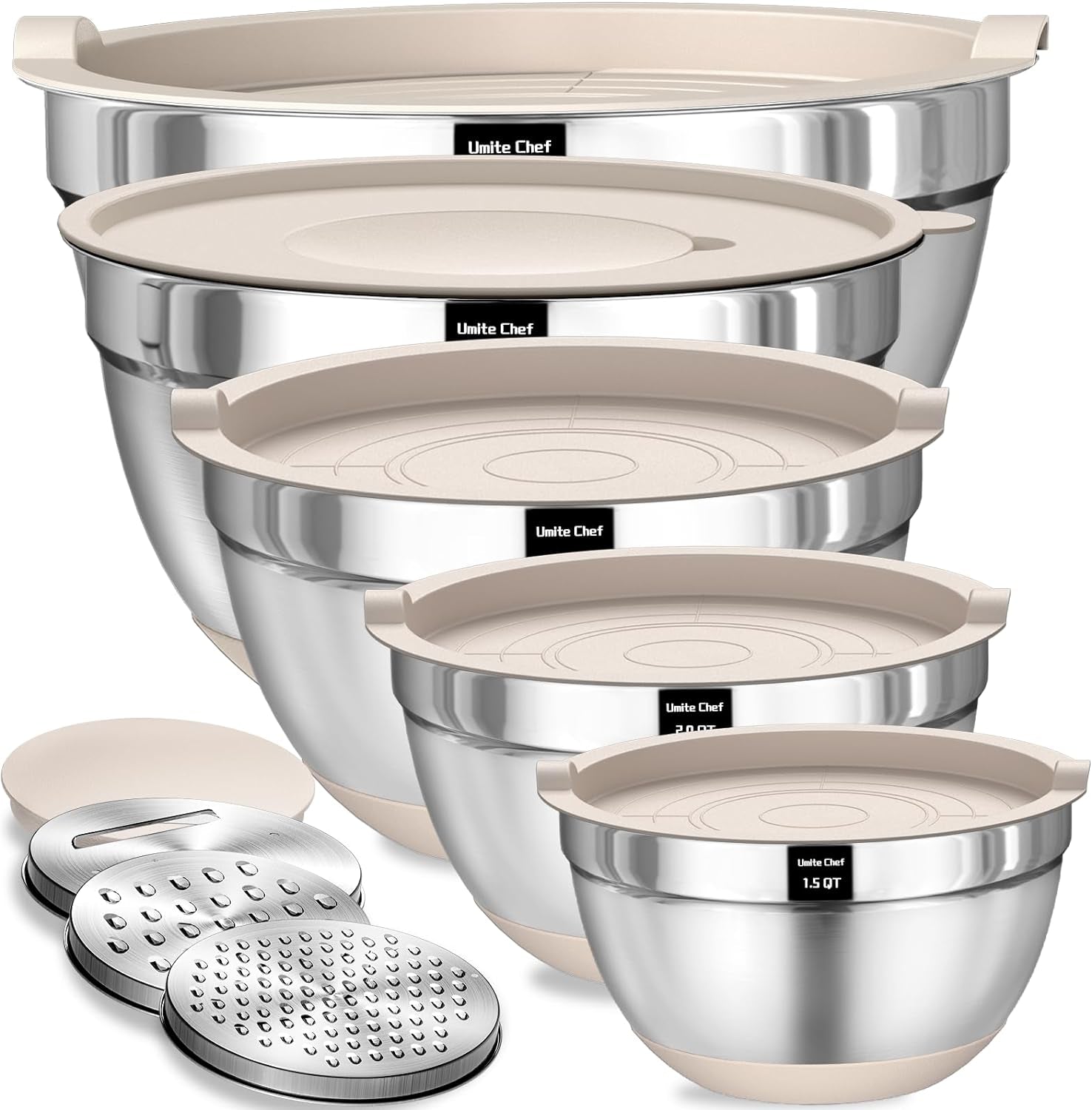 Mixing Bowls with Airtight Lids Set, 8PCS Stainless Steel Khaki Nesting Bowls with Grater Attachments, Kitchen Bowls with Non-Slip Bottoms, Size 5, 4, 3.5, 2, 1.5QT for Mixing &amp; Serving