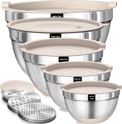 Mixing Bowls with Airtight Lids Set, 8PCS Stainless Steel Khaki Nesting Bowls with Grater Attachments, Kitchen Bowls with Non-Slip Bottoms, Size 5, 4, 3.5, 2, 1.5QT for Mixing &amp; Serving