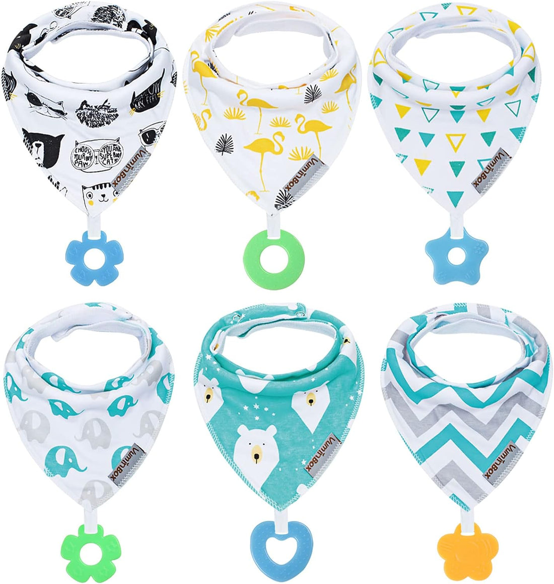 Baby Bandana Drool Bibs 6-Pack and Teething Toys 6-Pack Made with 100% Organic Cotton, Absorbent and Soft Unisex