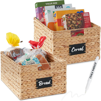 Set of 4 9X12In Water Hyacinth Pantry Baskets, Woven Kitchen Organizers W/Chalkboard Label, Chalk Marker - Natural