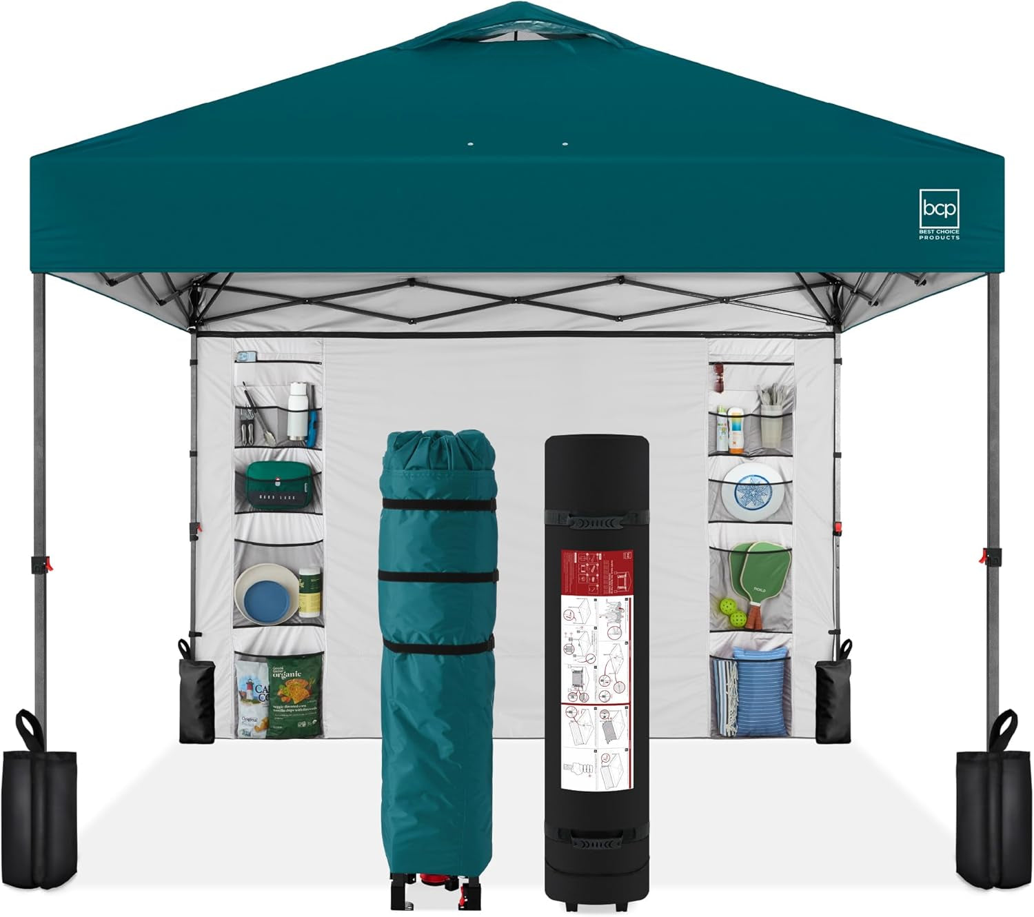 10X10Ft Easy Pop up Canopy W/Side Wall, 10 Pockets, Portable Carrying Case, 1-Button Setup, 4 Weight Bags - Dark Green