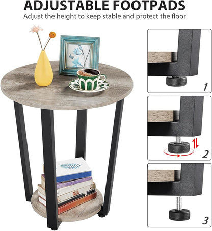 Farmhouse round End Table with Storage Shelf, 2 Tier Side Table with Metal Frame and Sturdy Wood, Sofa Side Table for Living Room Small Spaces, Easy Assembly, Gray