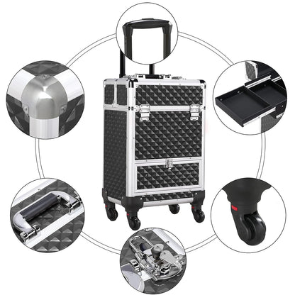 Rolling Makeup Train Case Aluminum Cosmetic Case with Wheels Barber Case Salon Lockable Travel Trolley with Sliding Drawers Removable Divider, Black/Silver