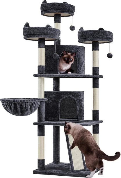 68.5In Multi-Level Large Cat Condo with Sisal-Covered Platforms Scratching Board &amp; Scratching Posts, Cozy Perches, Stable Cat Tower/Tree Pet Play House, Dark Gray