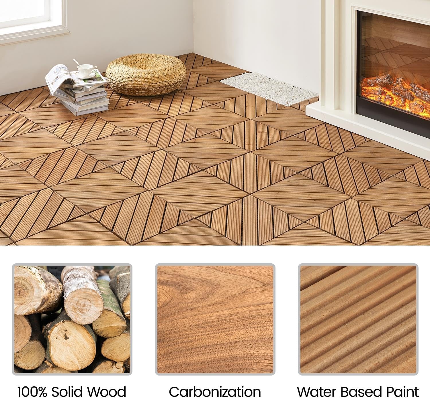 27PCS Wooden Flooring Patio Deck Tiles Interlocking Tiles Patio Solid Wood and Plastic Indoor&amp;Outdoor 12 X 12In, Natural Wood-Diagonal