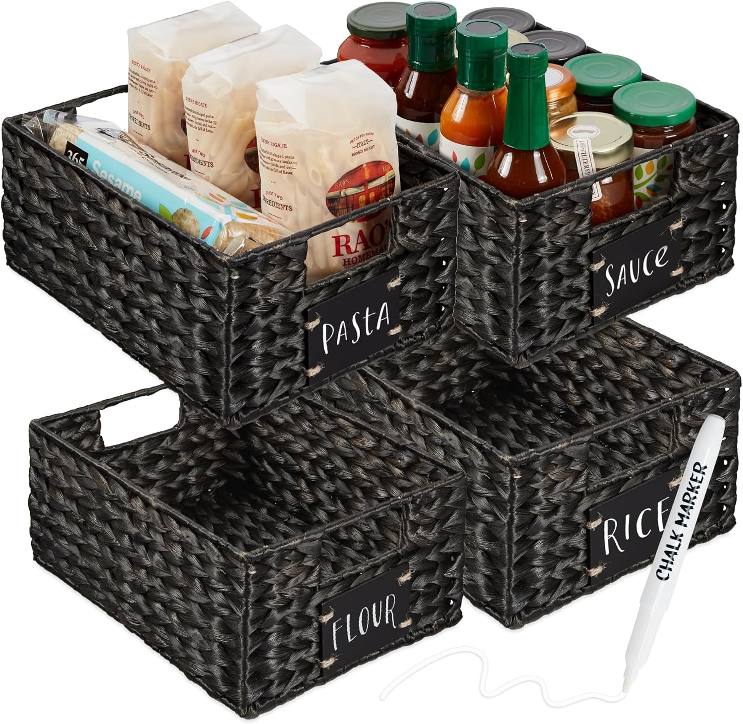 Set of 4 9X12In Water Hyacinth Pantry Baskets, Woven Kitchen Organizers W/Chalkboard Label, Chalk Marker - Natural