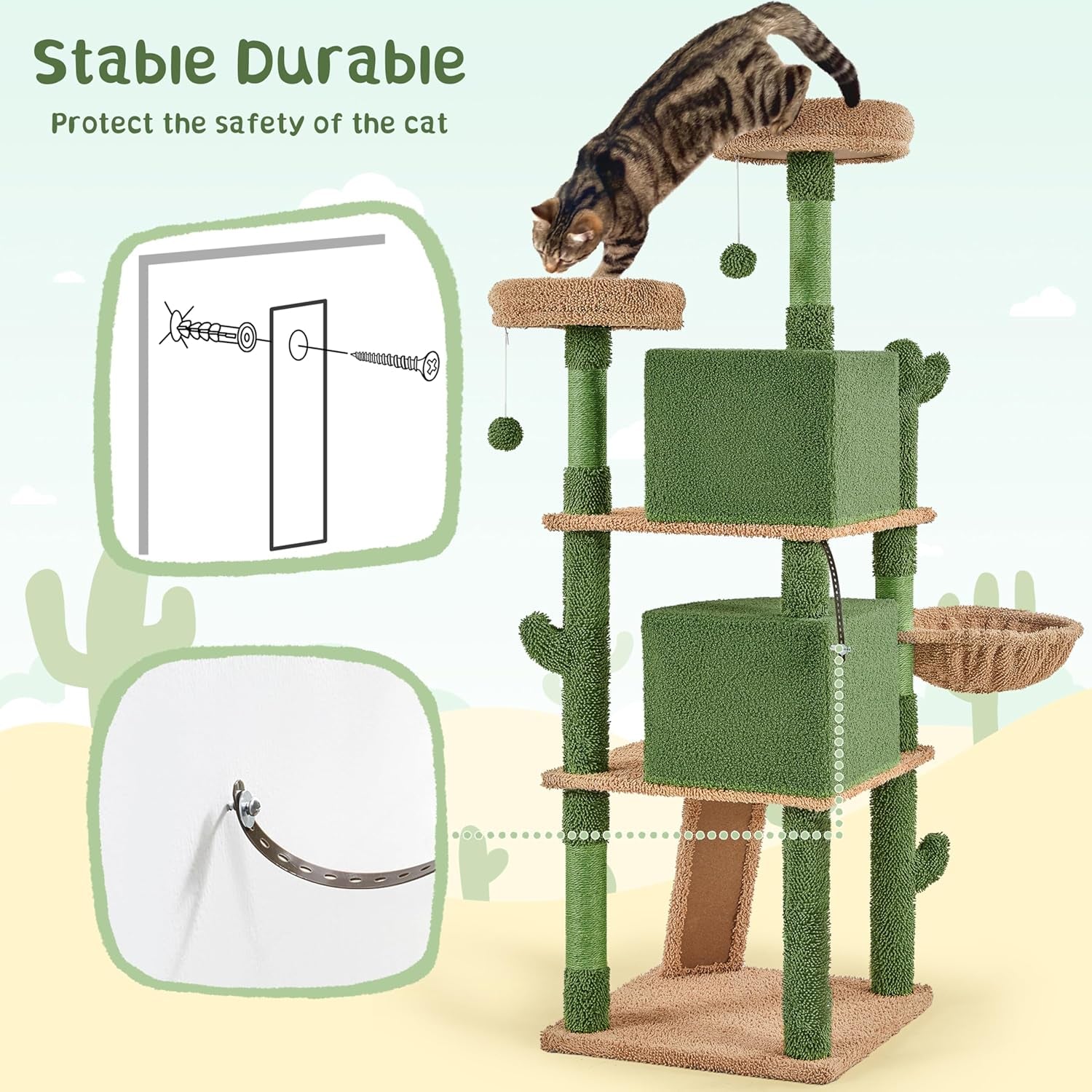 Cactus Cat Tree, 66In Cat Tower for Indoor Cats, Multi-Level Cat Tree with Large Condos &amp; Ramp, Pet Play House with Padded Perch, Platforms, Basket &amp; Hanging Ball, Green/Brown