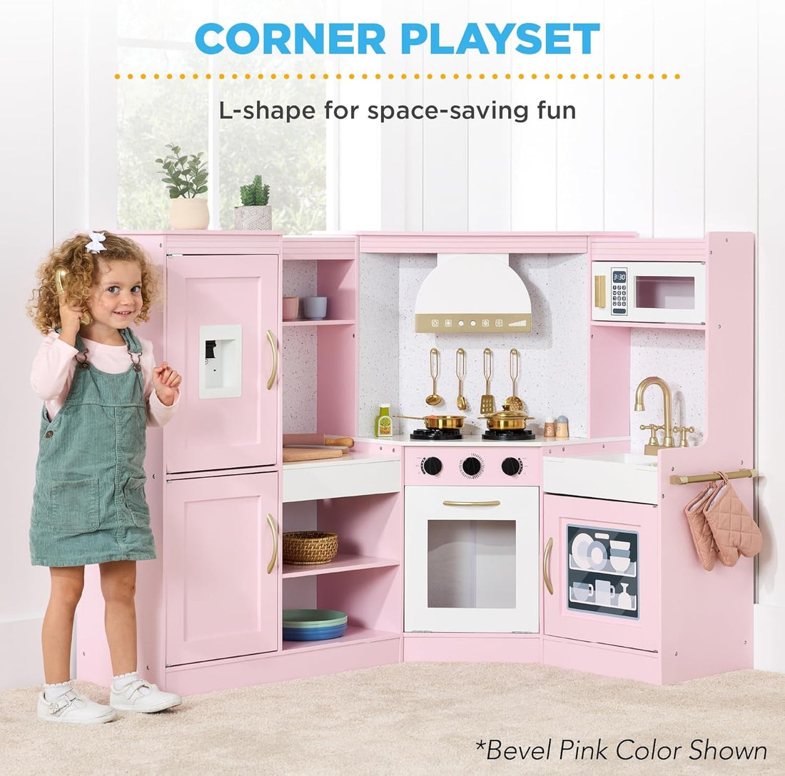 Pretend Play Corner Kitchen, Ultimate Interactive Wooden Kids Playset W/Lights &amp; Sounds, Ice Maker, Hood - Farmhouse White