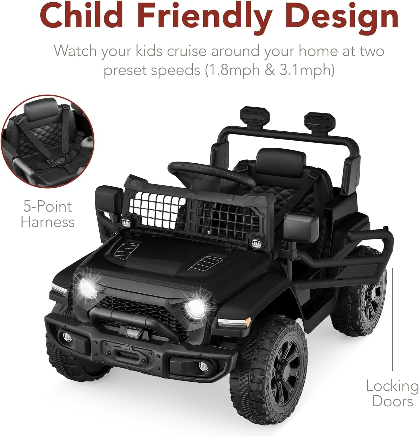 6V Kids Ride on Toy, Mini Truck, Electric Play Car W/Parent Remote Control, 4-Wheel Suspension, LED Lights, 2 Speeds, Functional Horn, 3.1MPH Max Speed - Black