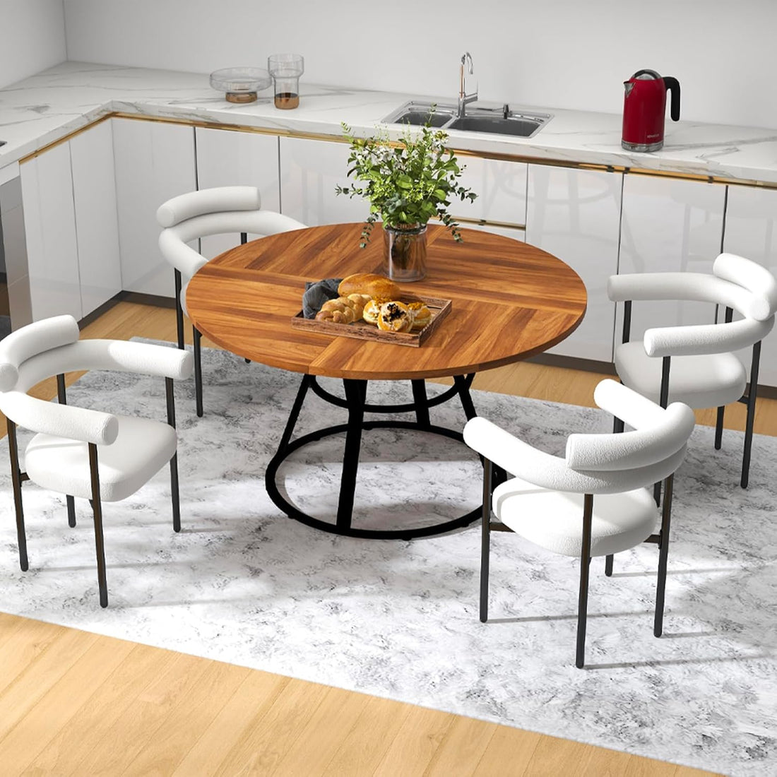 47” round Dining Table Set for 4, Small round Kitchen Table with 4 Boucle Dinner Chairs, Modern Circle 5 Piece Dining Table with Steel Legs (White)