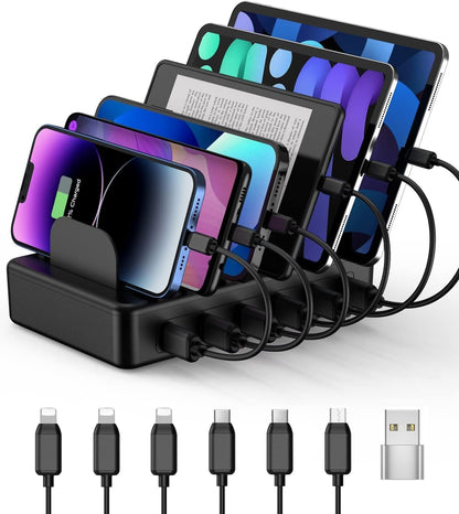 Charging Station, 50W 6 Ports Multi Charger Station with 6 Charging Cables, USB Charging Dock for Multiple Devices, Compatible with Cellphone Ipad Kindle Tablet and Other Electronic