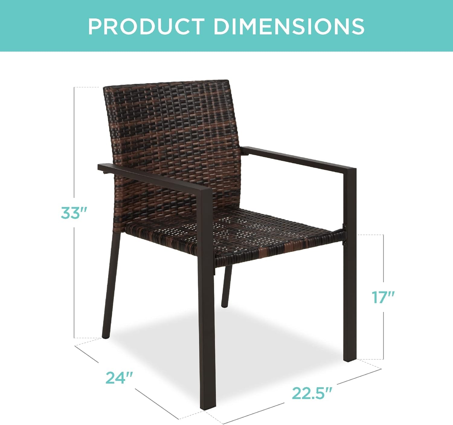 Set of 2 Stackable Outdoor Wicker Dining Chairs All-Weather Firepit Armchair W/Armrests, Steel Frame for Patio, Deck, Garden, Yard - Brown