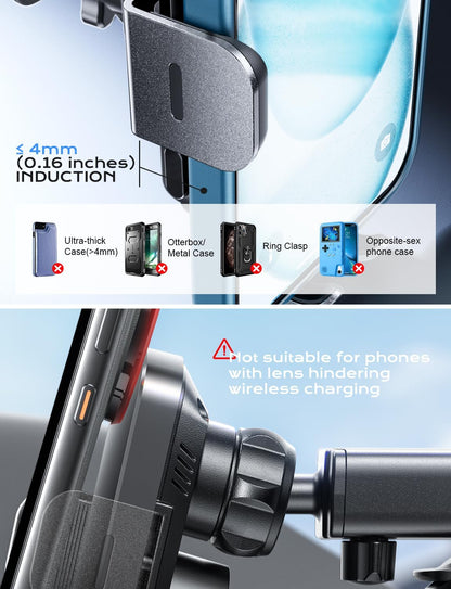 Wireless Car Charger, 15W Fast Charging Auto Clamping Car Charger Phone Mount Phone Holder Fit for Iphone 16 15 14 13 12 Pro Max 11 XR XS, Samsung Galaxy S24 Ultra S23 S22 S21, S20, S10+, Black