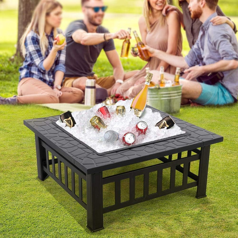 Multifunctional Fire Pit Table 32In Square Metal Firepit Stove Backyard Patio Garden Fireplace for Camping, Outdoor Heating, Bonfire and Picnic