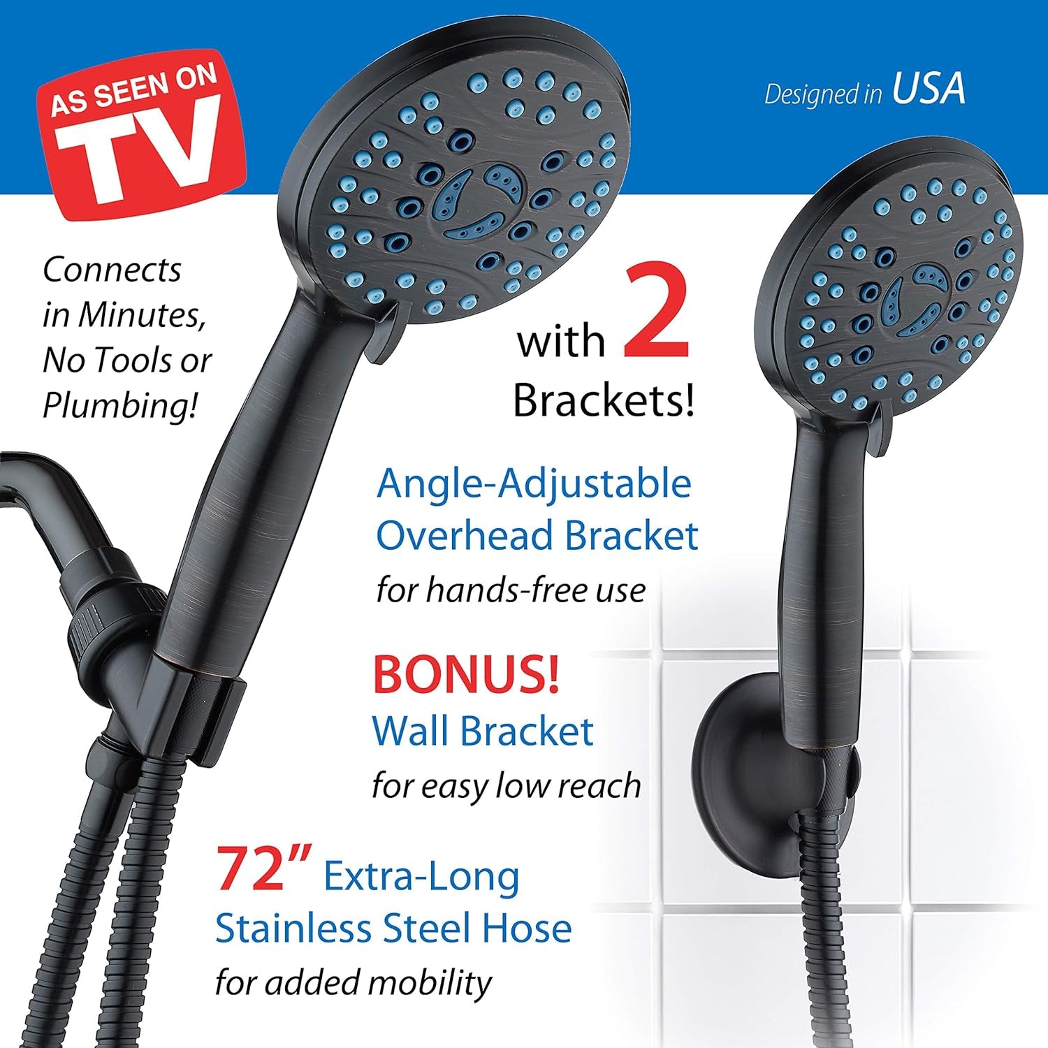 Aquacare High Pressure 8-Mode Handheld Shower Head - Anti-Clog Nozzles, Built-In Power Wash to Clean Tub, Tile &amp; Pets, Extra Long 6 Ft. Stainless Steel Hose, Wall &amp; Overhead Brackets