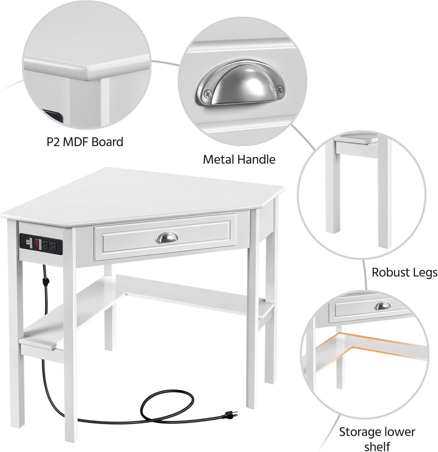 L Shaped Corner Computer Desk with Power Outlets, Reversible Triangle Workstation with USB Ports and Hook for Small Space, Modern Home Office Desk Gaming Table with Drawer &amp; Shelf, White