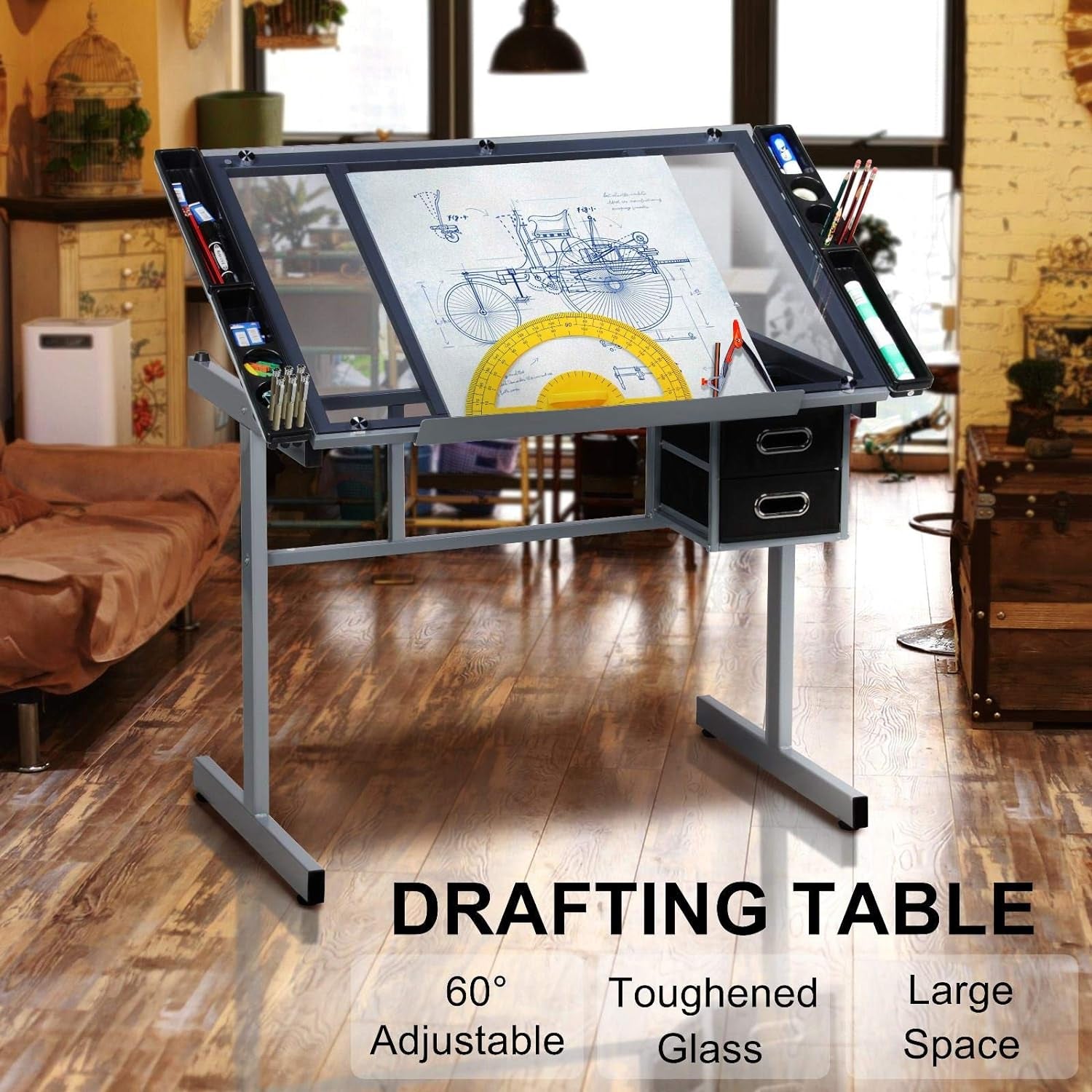 Drawing Desk Adjustable Glass Drafting Study Table for Diamond/Versatile Art Craft Station W/ 2 Slide Rolling Wheels and Drawers for Artist Painters Home Office