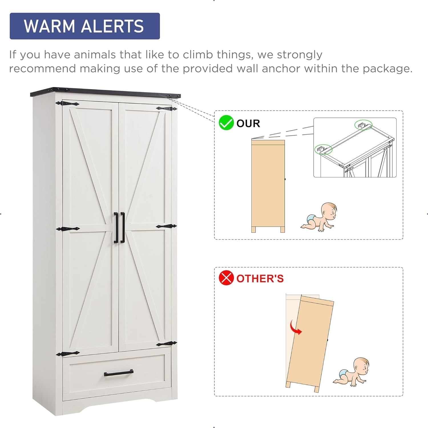 Farmhouse Kitchen Pantry Cabinet - 72&quot; Tall Wood Kitchen Storage Cabinets with Adjustable Shelves &amp; 2 Barn Doors &amp; Drawer, Versatile Storage for Dining Room, Bathroom, Antique White