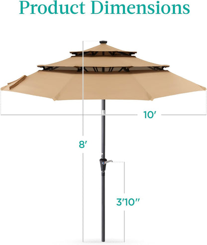 10Ft 3-Tier Solar Patio Umbrella, Outdoor Market Sun Shade for Backyard, Deck, Poolside W/ 24 LED Lights, Tilt Adjustment, Easy Crank, 8 Ribs - Tan