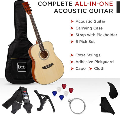 41In Full Size Beginner All Wood Acoustic Guitar Starter Set W/Case, Strap, Capo, Strings, Picks - Natural