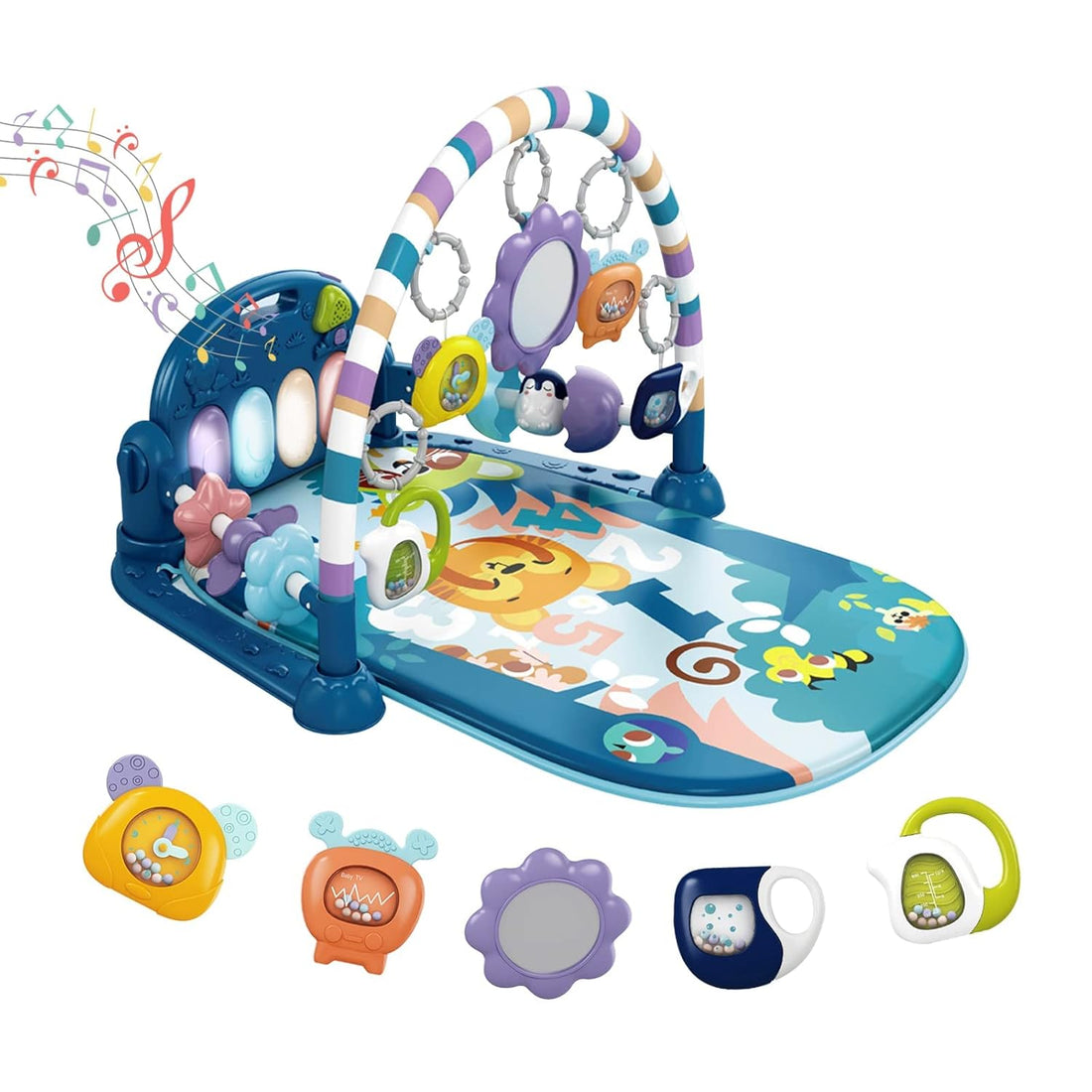 Baby Play Mat Baby Gym,Funny Play Piano Tummy Time Baby Activity Mat with 5 Infant Sensory Baby Toys, Music and Lights Boy &amp; Girl Gifts for Newborn Baby 0 to 3 6 9 12 Months (Blue)