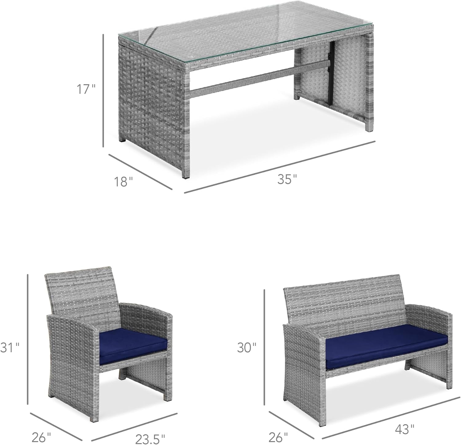 4-Piece Outdoor Wicker Patio Conversation Furniture Set for Backyard W/Coffee Table, Seat Cushions - Gray/Navy