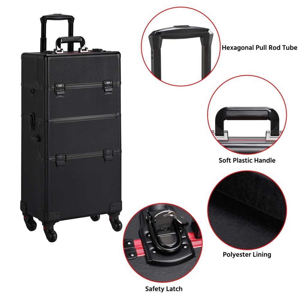 Makeup Train Case 3 in 1 Professional Cosmetic Trolley Multi-Functional Organizers Large Storage Traveling Cart Trunk for Nail Tech - Black