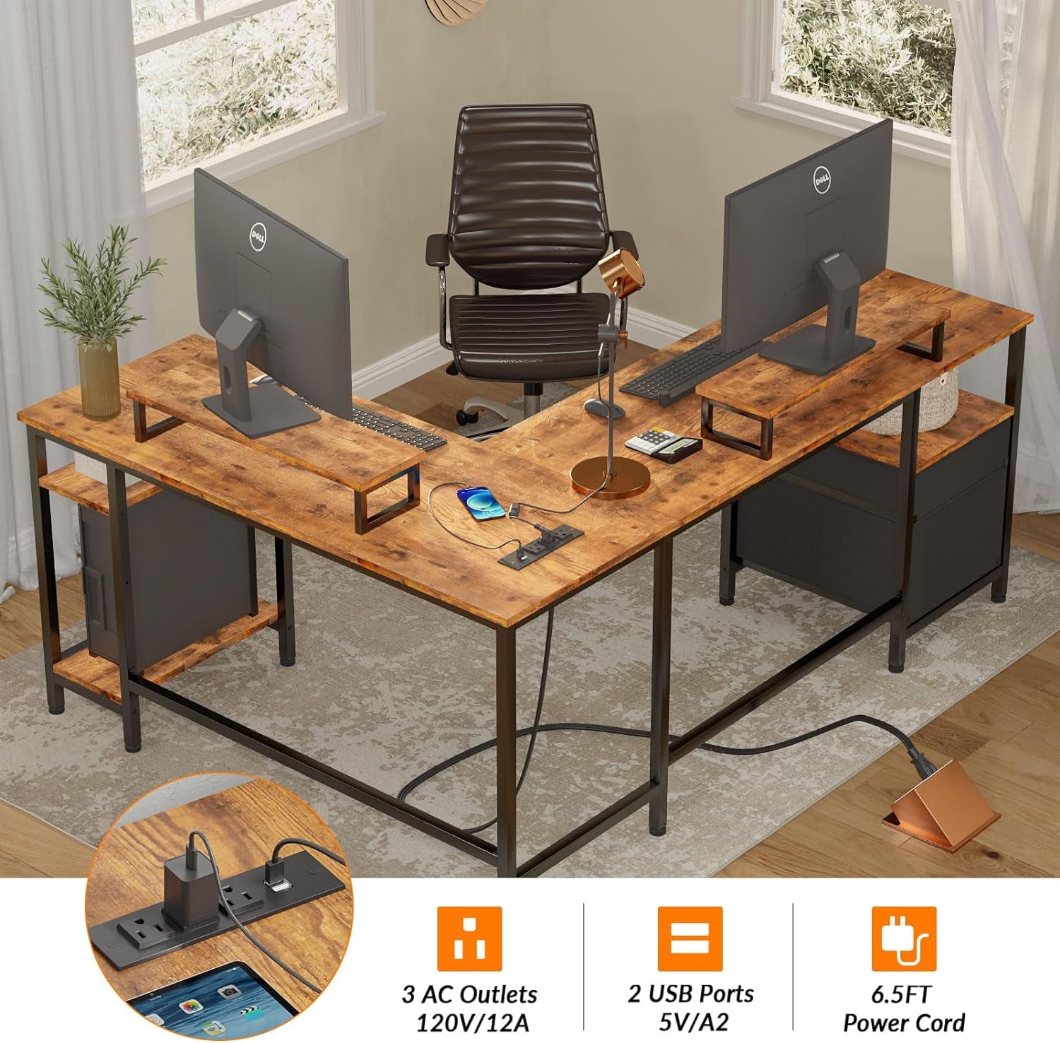 66” L Shaped Desk with Power Outlet, Reversible Computer Gaming Desk with File Drawer &amp; 2 Monitor Stands for Home Office with Storage Shelves, Rustic Brown