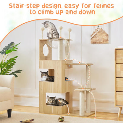 Wooden Cat Tree, 53In Modern Cat Tower for Indoor Cats with Scratching Posts Washable Detachable Cushion, Clear Bowl &amp; Teasing Balls, Multi-Level Heavy Duty Cat Condo Furniture for Large Cat