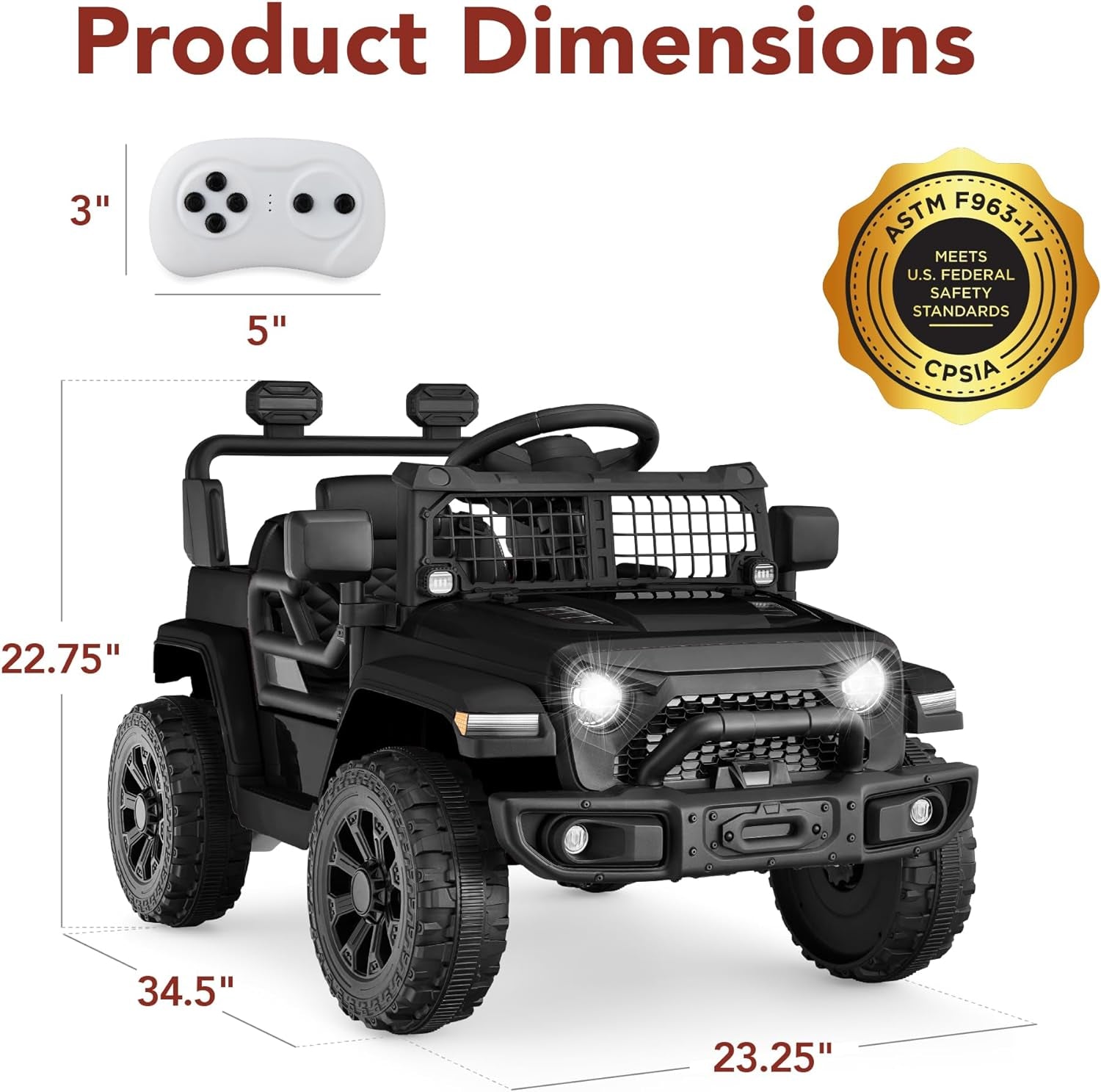 6V Kids Ride on Toy, Mini Truck, Electric Play Car W/Parent Remote Control, 4-Wheel Suspension, LED Lights, 2 Speeds, Functional Horn, 3.1MPH Max Speed - Black