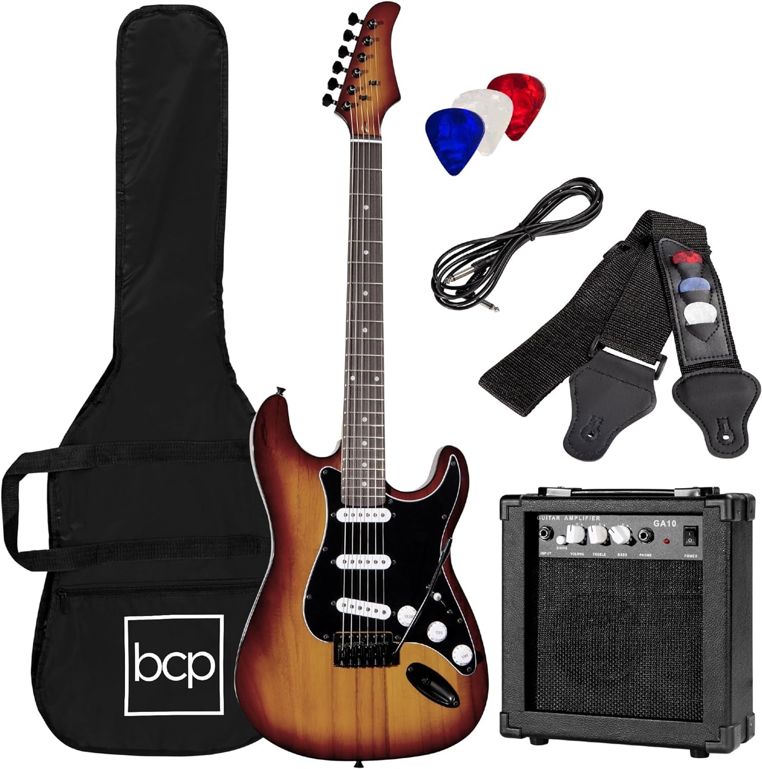 39In Full Size Beginner Electric Guitar Starter Kit W/Case, Strap, 10W Amp, Strings, Pick, Tremolo Bar - Jet Black