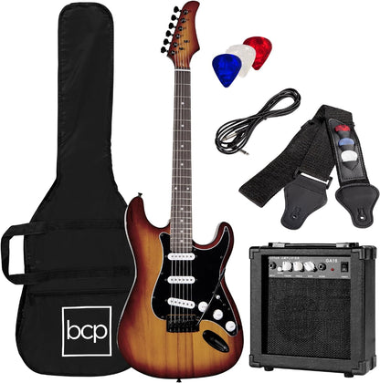 39In Full Size Beginner Electric Guitar Starter Kit W/Case, Strap, 10W Amp, Strings, Pick, Tremolo Bar - Jet Black