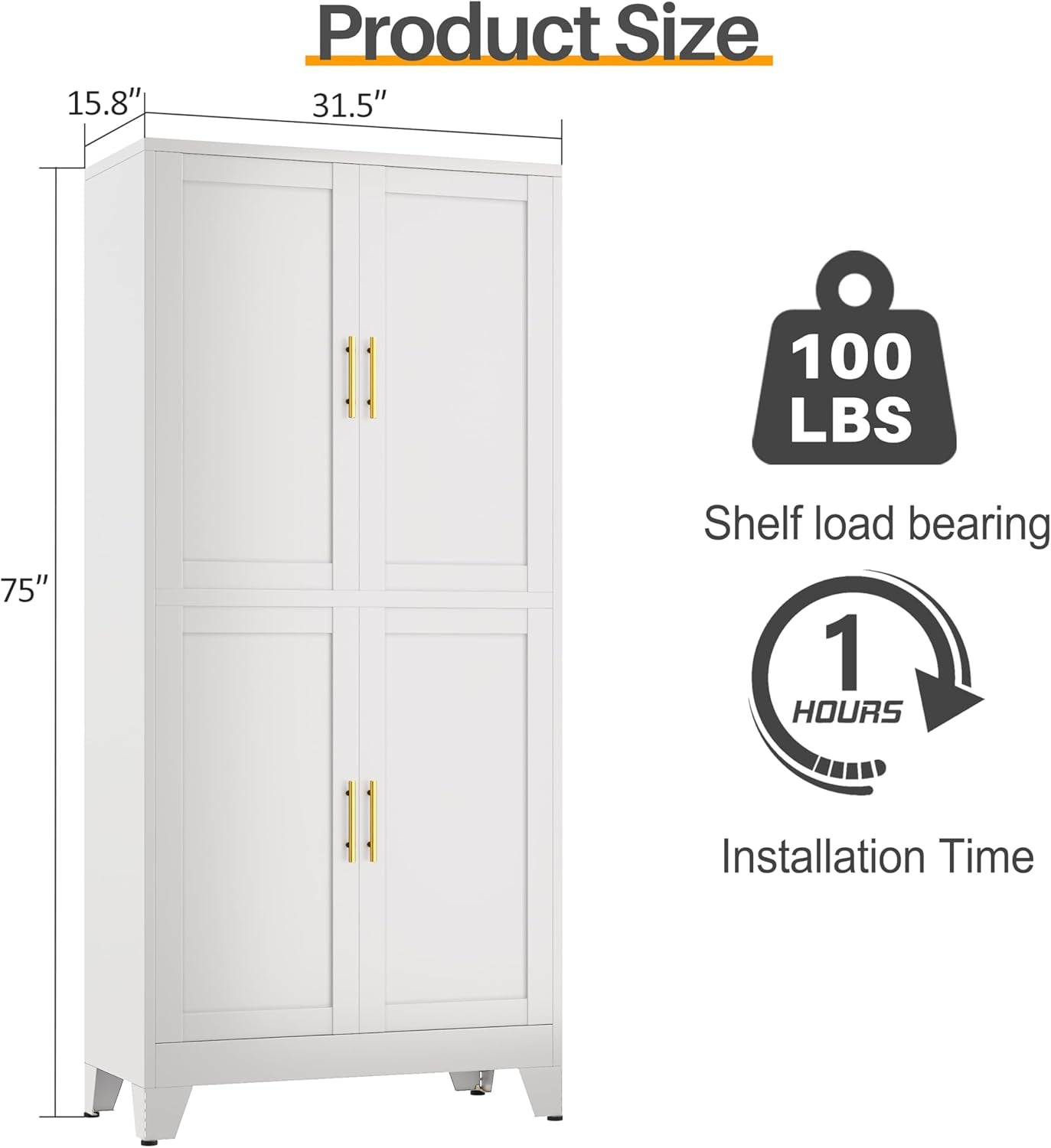 75&quot; H White Metal Bathroom Storage Cabinet, Kitchen Pantry Cabinet with Doors and 3 Adjustable Shelves, Freestanding Cupboard, Steel File Cabinet for Home Office, Bedroom