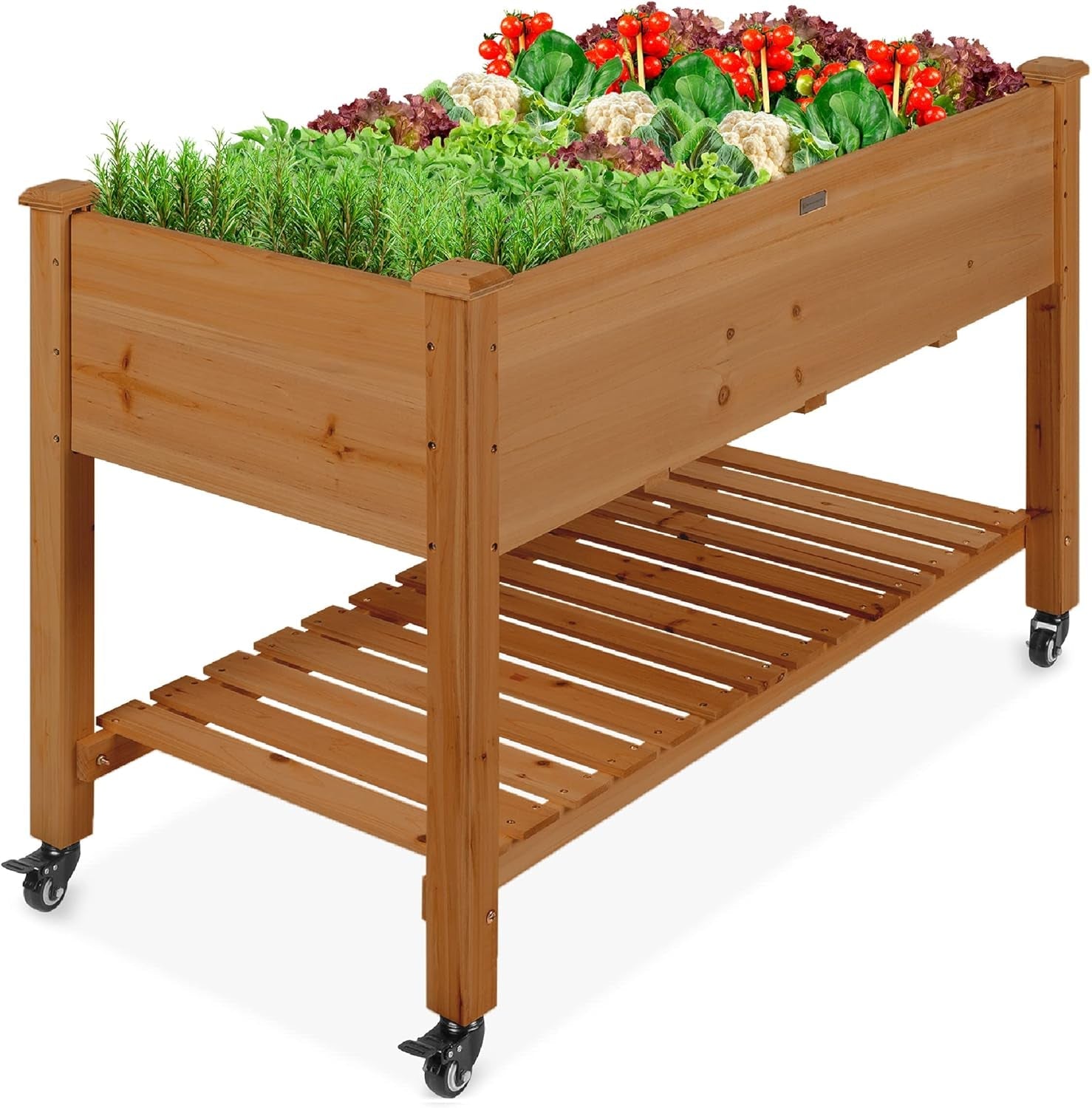 Raised Garden Bed 48X24X32-Inch Mobile Elevated Wood Planter W/Lockable Wheels, Storage Shelf, Protective Liner - Natural