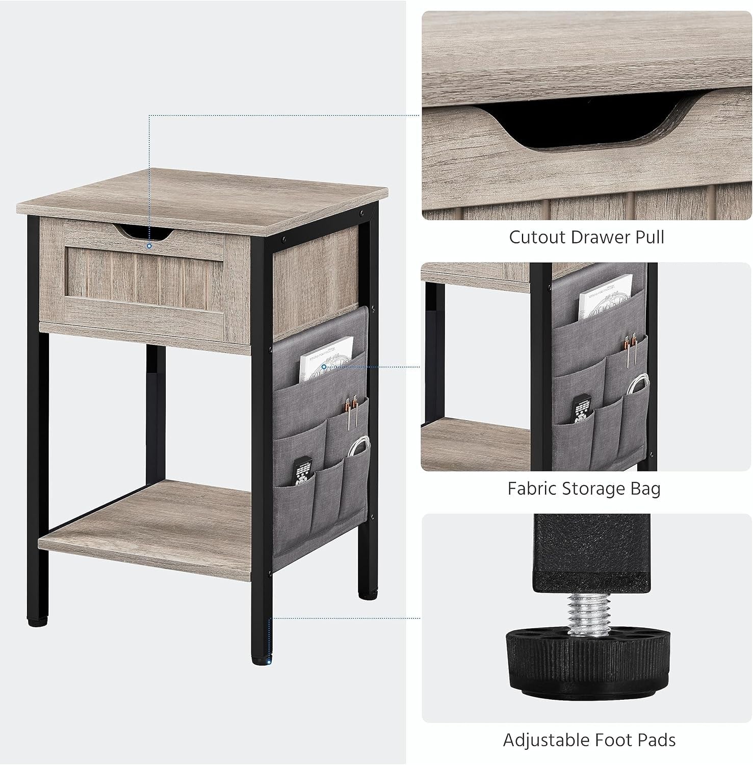 End Table with Drawer and Shelf, Sofa Side Table with Removable Storage Bag, Wooden Nightstand Bedside Table with Steel Legs for Living Room/Bedroom/Small Space, Gray