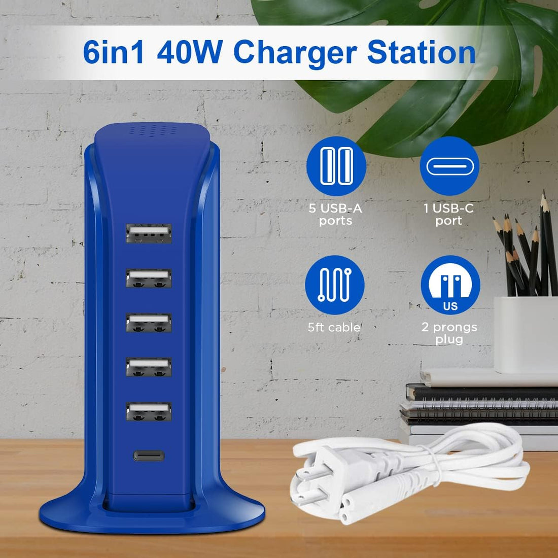 USB Charging Station , 6 Ports Charging Blocks, USB Power Hub with C Port, Charging Dock for Electronics Organizer, Multi Charger 40W, Compatible with Kindle, Iphone, Ipad, Airpods, Tech Gadgets