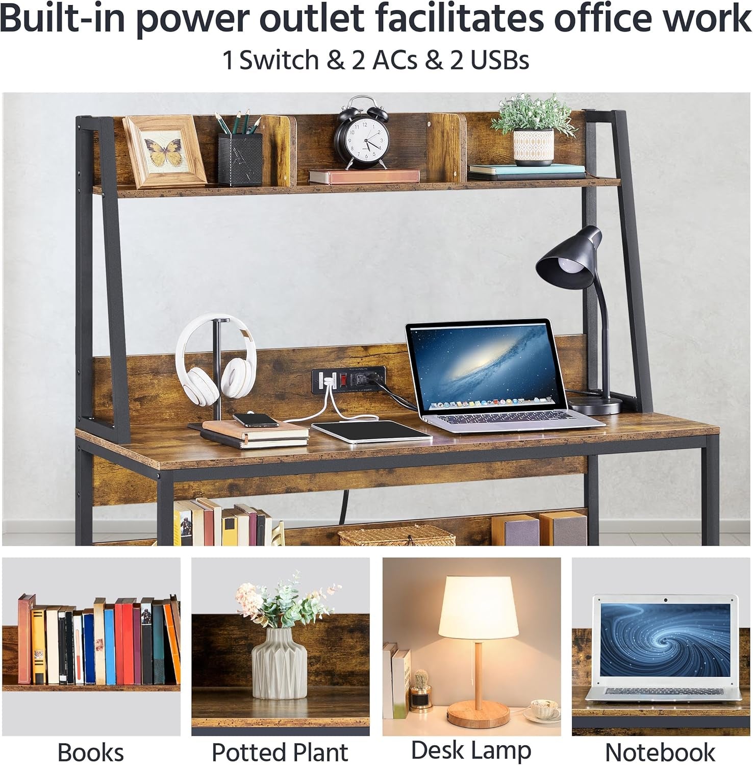 47 in Modern Computer Desk with Power Outlets and 2 USB Ports, Home Office Study Writing Desk with Hutch and Bookshelf, Large Workstation Gaming Table with Charging Station, Rustic Brown