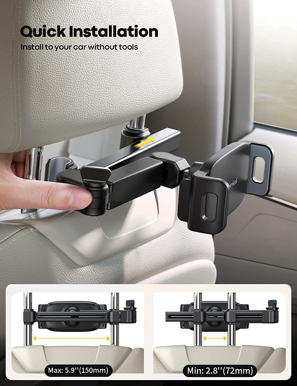 Car Headrest Tablet Holder - [3 in 1 Extension Arm] Adjustable Tablet Car Mount for Back Seat, Road Trip Essentials for Kids, for 4.7-11&quot; Tablet like Ipad Pro, Air, Mini, Galaxy, Fire, Black