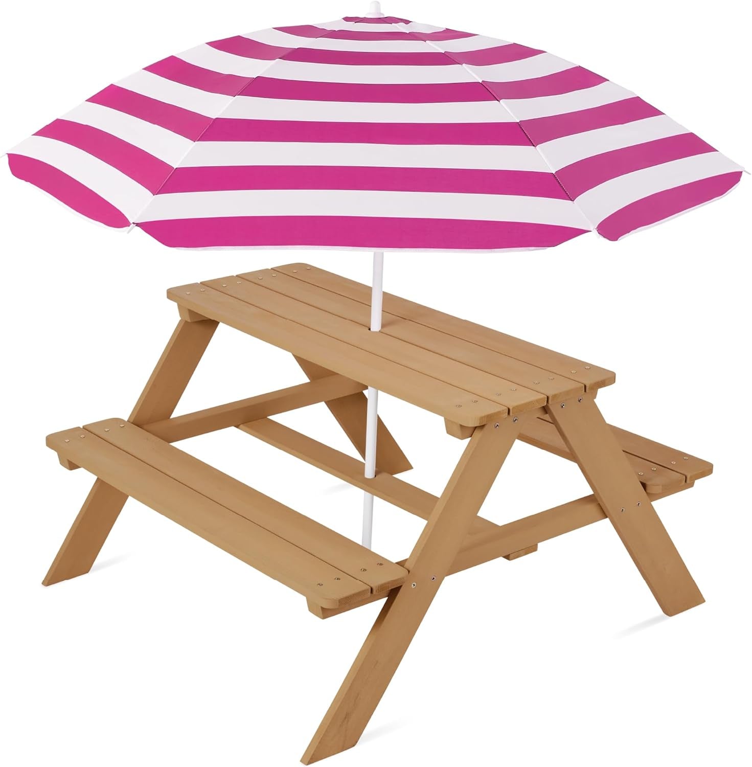 Kids Wooden Picnic Table, Outdoor Activity &amp; Dining Table W/Adjustable Collapsible Umbrella, Built-In Seats - Golden Brown/Navy