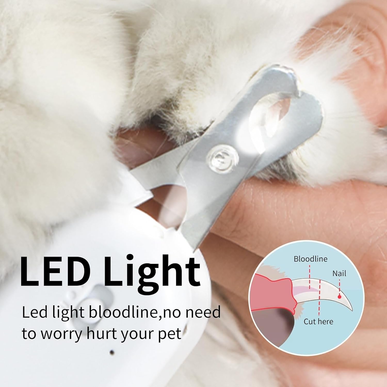 Pet Nail Clipper with LED &amp; -U-V Light, Cat Claw Trimmer with Ultra Bright LED Light for Nail Bloodline to Avoid over Cutting, Sharp Angled Blade Grooming Tool for Dog Cat Rabbit Small Animals