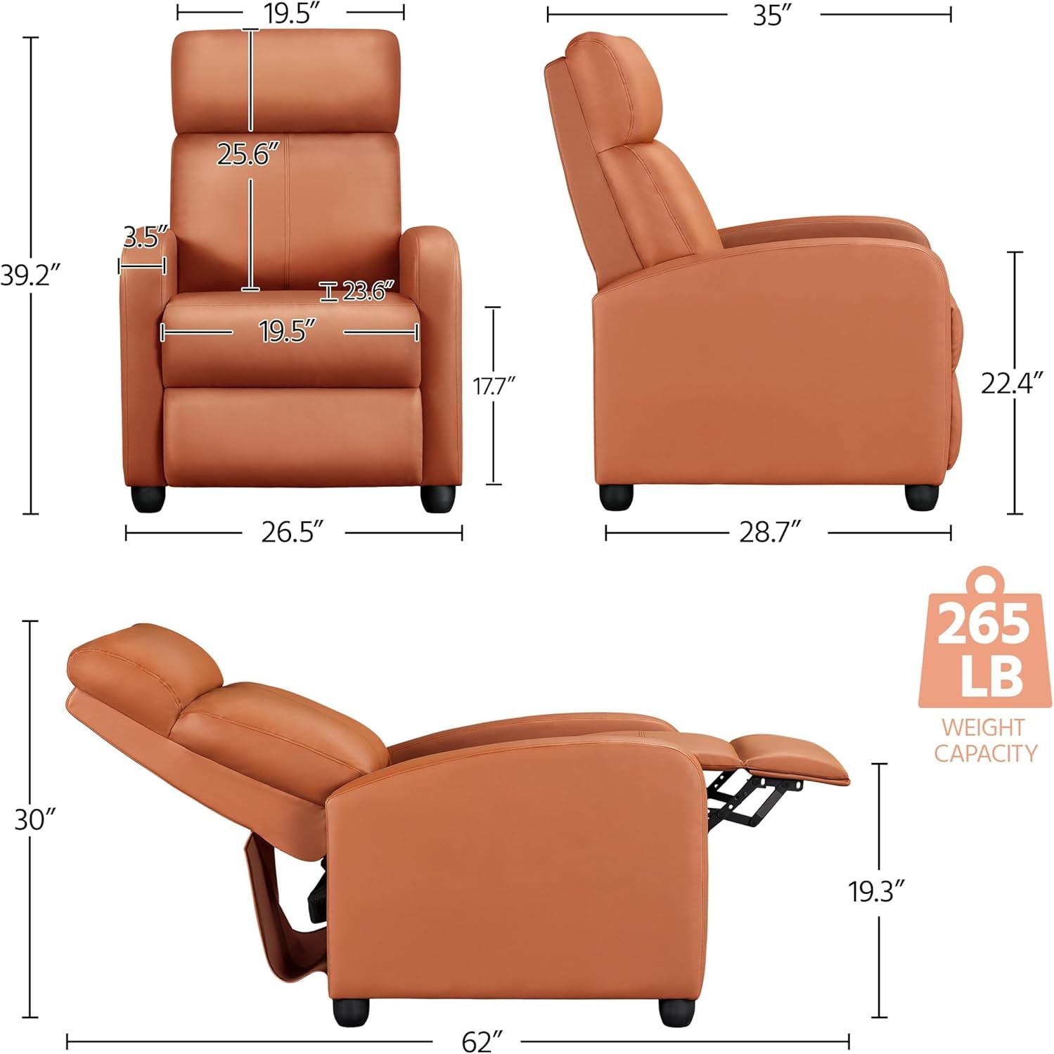 Recliner Chair PU Leather Recliner Sofa Home Theater Seating with Lumbar Support Overstuffed High-Density Sponge Push Tan Recliners