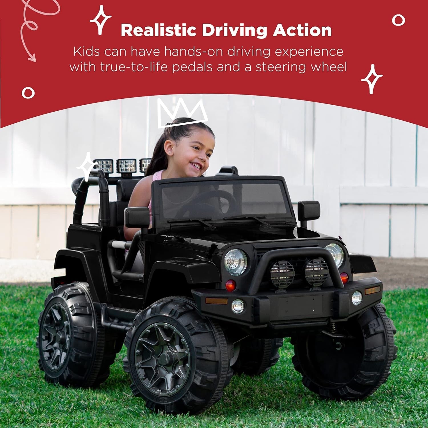 Kids 12V Ride on Truck, Battery Powered Toy Car W/Spring Suspension, Remote Control, 3 Speeds, LED Lights, Bluetooth - Black