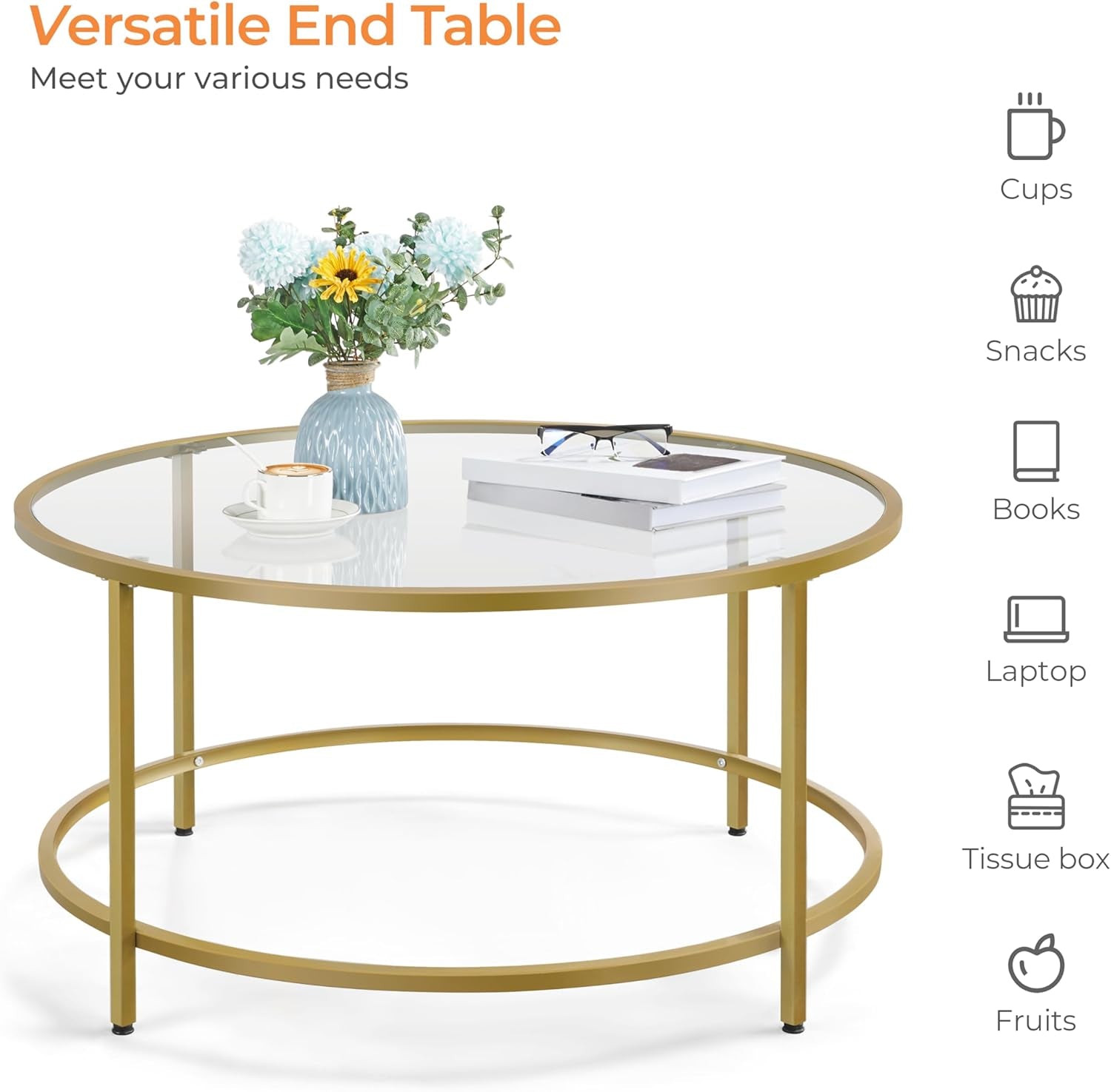 Gold Glass Coffee Table for Living Room, 36&quot; round Glass Coffee Table with Metal Frame, Circle Coffee Table for Home, Office, Apartment