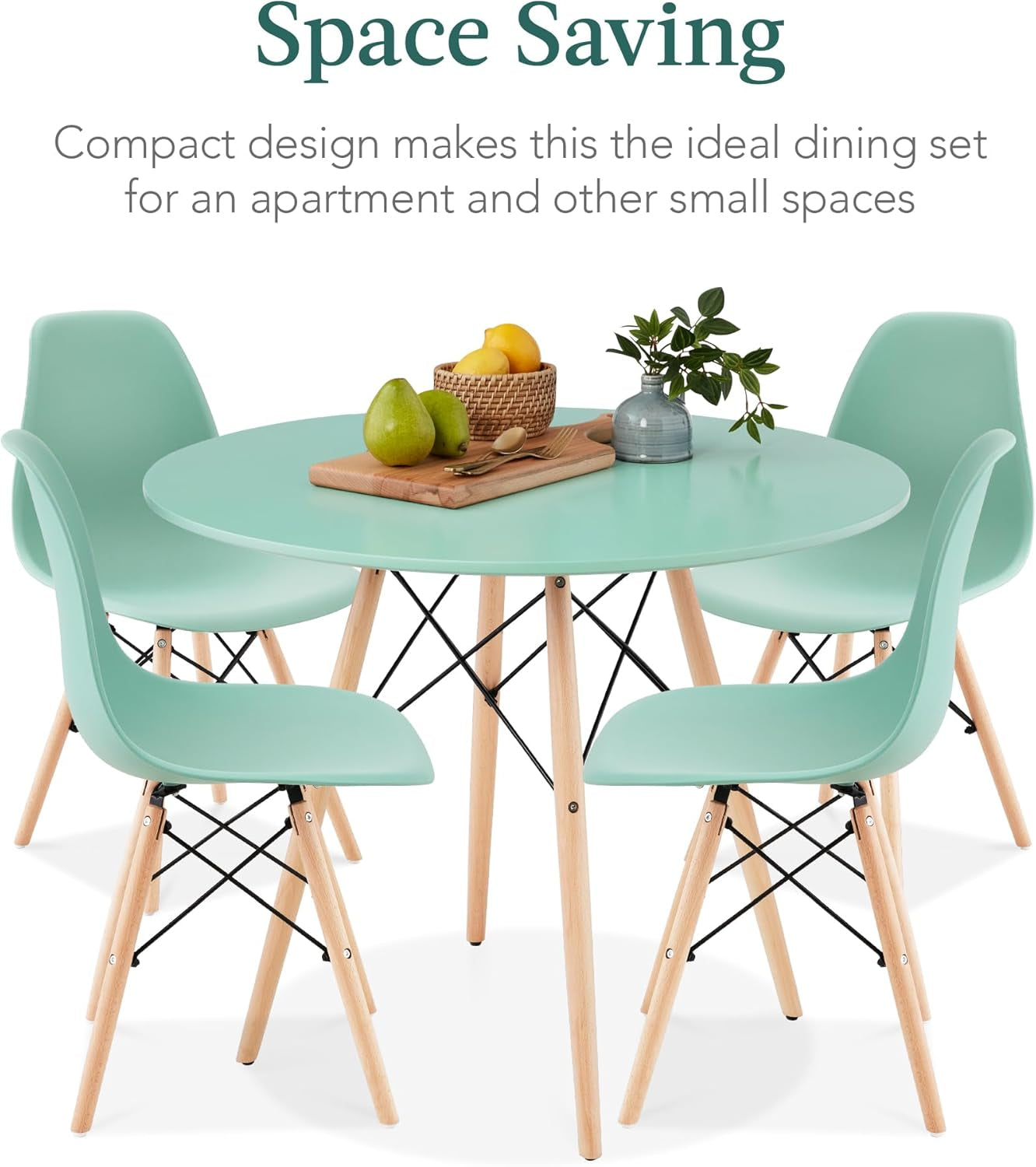 5-Piece Dining Set, Compact Mid-Century Modern Table &amp; Chair Set for Home, Apartment W/ 4 Chairs, Plastic Seats, Wooden Legs, Metal Frame - Light Green/Oak